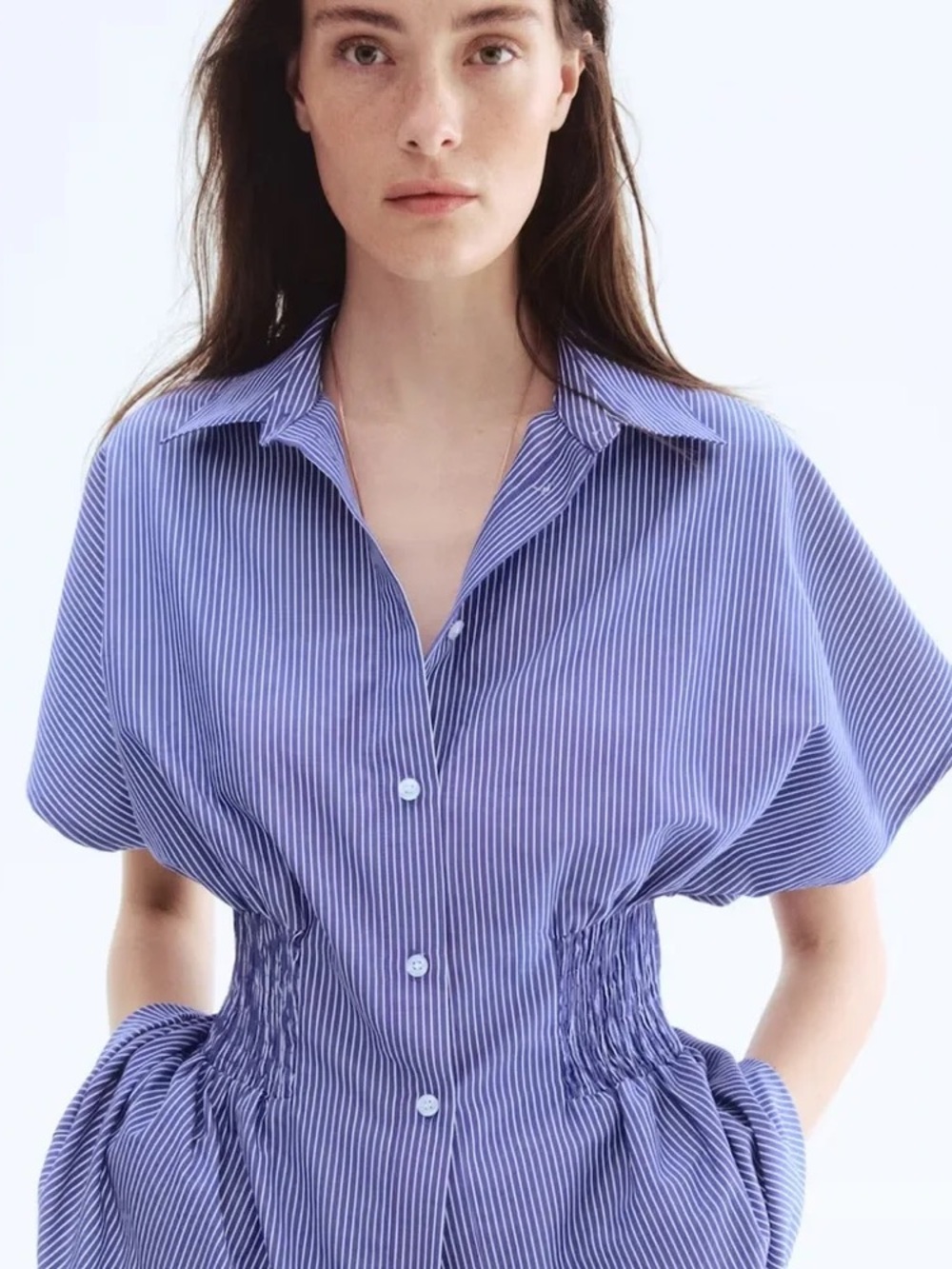 H&M Women's Blue Pinstripe Cinched-Waist Shirt Top